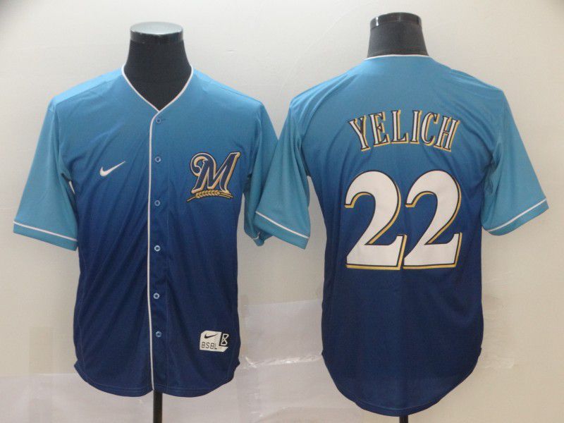 Men Milwaukee Brewers 22 Yelich Blue Nike Fade MLB Jersey